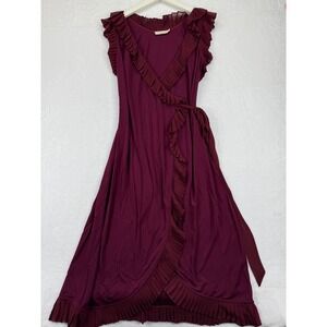 Tory Burch Whitney Wrap ASO‎ Burgundy Pleated Ruffle Wrap Midi Dress S P READ